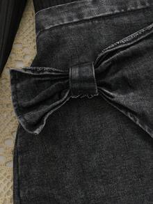 2 件套 Tween 女童简约黑色高领长袖上衣和蝴蝶结设计黑灰色半身裙套装，2025 年春夏 - 黑色 - 查看 4