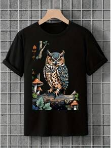 Introducing Our Stunning 'Owl's Wisdom' Graphic T-Shirt For Male & Female, Featuring A Meticulously Detailed Illustration Of A Majestic Owl Perched Regally On A Branch, Surrounded By Vibrant Autumn Leaves And Whimsical Mushrooms, Rendered In Striking Hues Of Blue, Orange, And Green Against A Crisp White Backdrop-A Perfect Statement Piece To Express Your Unique Personality And An Eye-Catching Design Guaranteed To Turn Heads At Streetwear Outfits Or Music Festivals. Expertly Printed On A Premium, Soft, And Breathable Pure Cotton Fabric For Ultimate Comfort And Durability. - 黑色 - 查看 1