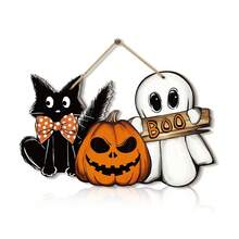 1Pc Halloween Door Decor Wooden Hanging Plaque Sign Pumpkin Ghost Boo Black Cat Welcome Sign For Trick Or Treat Party Indoor Outdoor Porch Wall, Halloween Home Wall Art Decorations For Halloween Farmhouse Kitchen Home Office