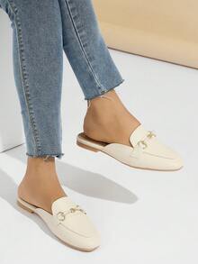Women's Classic Round Toe Flat Shoes, Spring/Autumn Slip-On Casual Mary Jane Shoes With Buckle & Rhinestones, Comfortable & Elegant Mule Loafers In Apricot Color - لون مشمشي - مشاهدة 1
