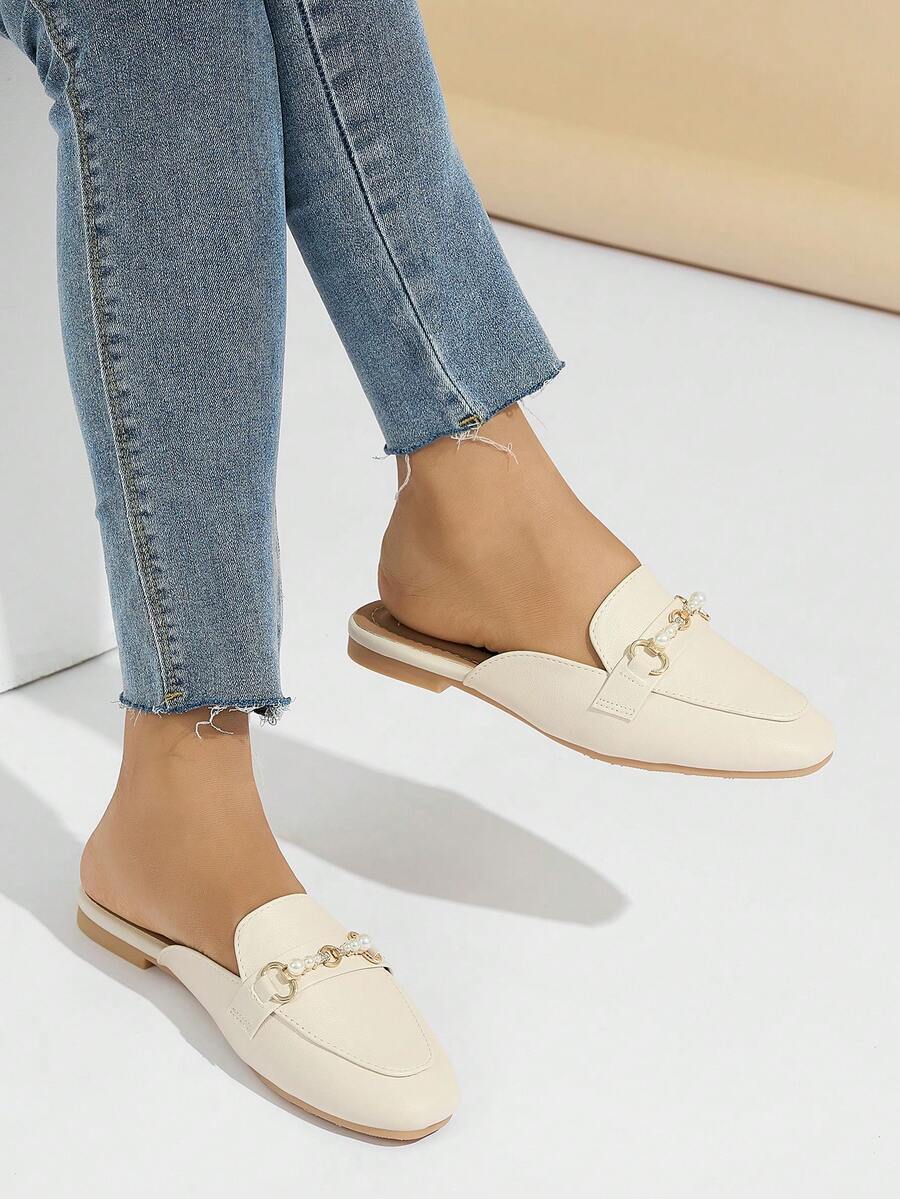 Women's Classic Round Toe Flat Shoes, Spring/Autumn Slip-On Casual Mary Jane Shoes With Buckle & Rhinestones, Comfortable & Elegant Mule Loafers In Apricot Color - لون مشمشي - مشاهدة 1