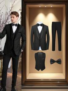 4 PCS Men Suit Tuxedo Vest Pants Necktie Shawl Collar One Button For Wedding Banquet Prom Chic Elegant Men Attire - 黑色 - 查看 1
