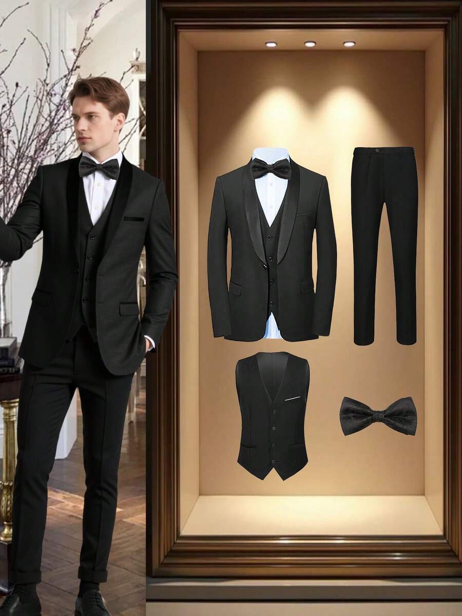 4 PCS Men Suit Tuxedo Vest Pants Necktie Shawl Collar One Button For Wedding Banquet Prom Chic Elegant Men Attire - 黑色 - 查看 1