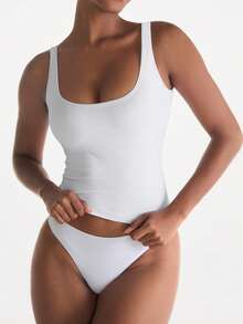 XLLAIS 女士性感方领弹力透气白色背心 - 白色 - 查看 2