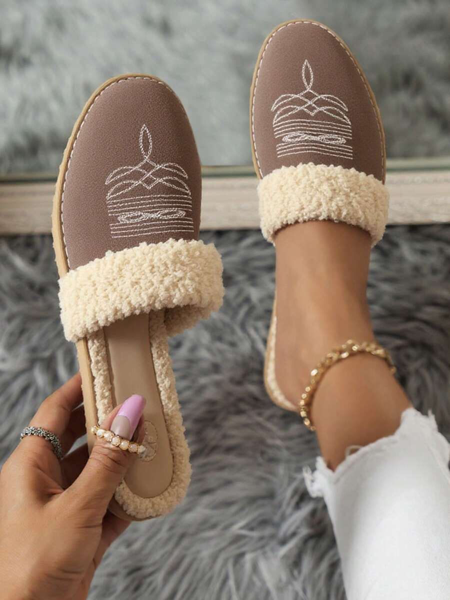 Pantuflas tipo bota de mujer con forro peluche, punta cerrada, bordado elegante, estilo casual para casa - Gris - Ver 1