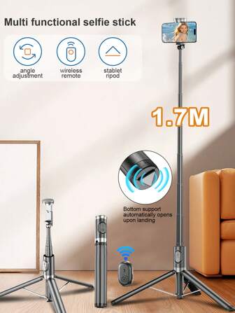170cm/ 66.9-Inch Remote Control Bluetooth Alloy Selfie Stick Mobile Phone Stand, LED Fill Light, Suitable For Shooting Video, Recording Life, Telescopic, 360° Rotation, Anti-Shake, Folding Portable Three-Legged Handheld/Ground Selfie Stick