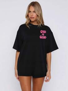 Große Größen "Gott ist gut" Christlicher Frauen Rundhals Kurzarm T-Shirt, bequeme lässige Passform, rosa Schriftzug Grafik vorne und hinten, minimalistische Stil Bekleidung
