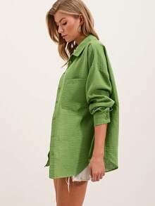 Camisa básica oversize, camisa casual de botones de un solo color con bolsillo delantero - Verde Oliva - Ver 2