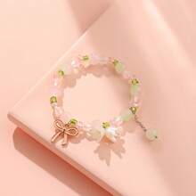 1PC Sweet Lily Bead Elastic Bracelet - Floral Charm Gradient Bead Bow Pendant, Adjustable Buckle, Cute Birthday Gift, Student's First Choice, Best Friend Accessory, Casual Wristband, Friendship Accessory, Simple Design, Exquisite Craftsmanship, Pearl Embellishment - 粉色 - 查看 6