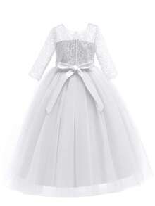 Flower Girls Dress Long Lace Bridesmaid Dress 3/4 Sleeves Floor Length Wedding Party Evening Formal Pegeant Maxi Tulle Ball Gowns - 白色 - 查看 5