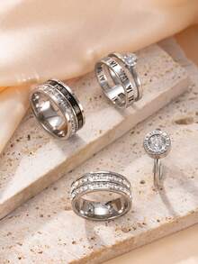 4 件时尚奢华罗马数字和几何水钻不锈钢戒指套装，适合女性日常佩戴 - 戒指套裝 - 查看 6