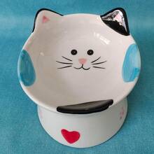 Cute Ceramic Raised Cat Bowls Elevated Design, 15° Tilted FeederProtect Cat's Spine A.Nti Vomiting Blow For Flat Faced Cats, Kitten Small Dogs,Raise Tilted Cat Food Bowld Pet Dishes(Black) - 黑色 - 查看 2