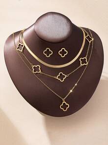 Set de 5 piezas Collar con colgante de trébol hueco de metal dorado elegante, adecuado para atuendos diarios y de fiesta de mujeres, conjunto de collar y aretes superpuestos - Amarillo Oro - Ver 2