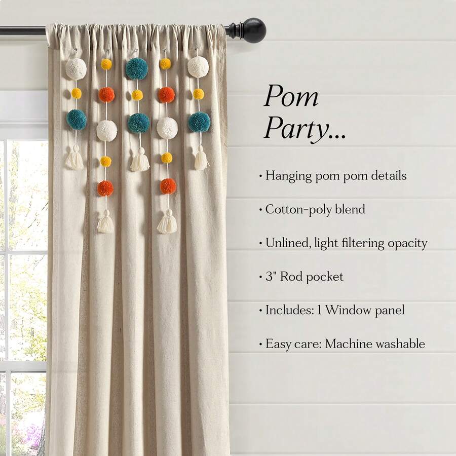 LUSH DECOR Boho Pom Pom Tassel Linen Window Curtain Panel Navy Single 52X84 Halloween-Fall Decor-Room Decor - 綠松石色/橙色 - 查看 1