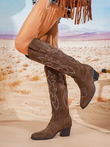 2024 春秋新款女式大码时尚刺绣及膝西部牛仔靴，棕色靴子 - 咖啡棕 - 查看 4