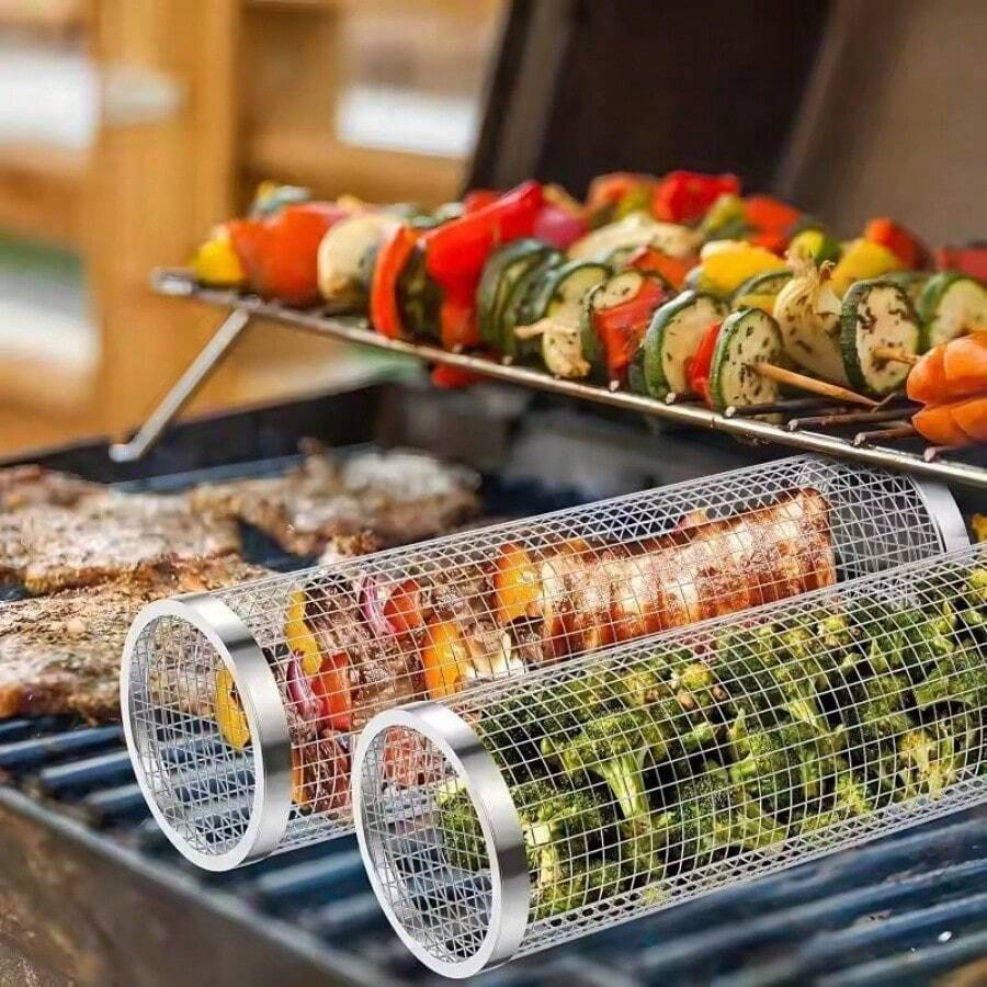 Juego de 3 parrillas de acero inoxidable para barbacoa: cesta portátil para cocinar al aire libre, ideal para verduras y aperitivos, rejilla redonda para fogatas, ideal para acampar y asar, accesorios para asar.