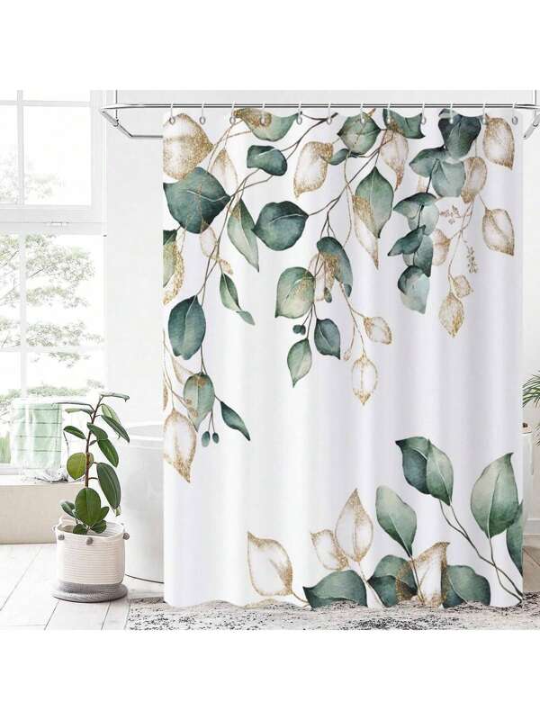 1 pieza Cortina de ducha con hojas de color verde salvia, cortina de baño con plantas acuarela botánicas de hojas de eucalipto verde y dorado para primavera