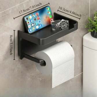 1pc Self-Adhesive Plastic Toilet Paper Holder With Shelf, Powder Coated Wall Mounted Tissue Roll Dispenser, Sturdy No-Drill Bathroom Paper Towel Rack With Phone Storage Shelf Halloween, Christmas Decorations 5138259455