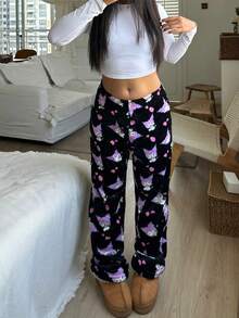 SANRIO Quần pajama vải flannel màu tím, in hình hoạt hình khắp quần, ống rộng, dáng suông, có dây rút, ấm áp, phong cách thường ngày dành cho bé gái, ngọt ngào và cá tính, phù hợp mặc trong nhà và ngoài trời, mùa thu/đông. - màu đen - Xem 8