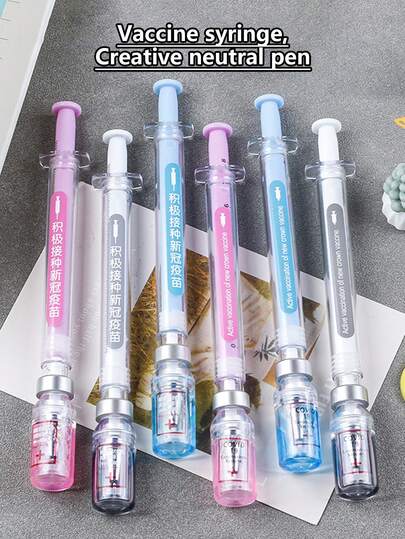 10支装注射器套装，含中性笔，用于模拟病毒清除；随机配黑色签名笔和疫苗笔（中英文版本随机），适合作为学习用品，迎接新学期