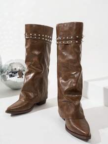 2025 秋冬西部风格尖头叠跟高筒靴女靴，复古长腿靴，牛仔靴 - 棕色 - 查看 6