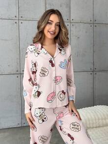 SANRIO 2 件女式  印花前扣长袖睡衣套装，两件套，秋季服装 - 粉色 - 查看 4