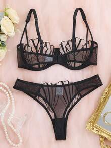 EverydayBra 女士黑色刺绣贝壳形网纱性感内衣套装，半透明镂空网纱性感迷人日常内衣两件套，女士文胸，适合所有季节 - 黑色 - 查看 6