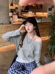 Casual Loose Off-Shoulder Long Sleeve T-Shirt, Slouchy Relaxed Fit Tops