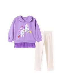 2pcs/Set Young Girl Casual Collared Pullover Long Sleeve Mesh Sweatshirt & Pants, Cartoon Unicorn Embroidery Pattern, Fashionable & Cute Outfit For Autumn/Winter - Multicolor - View 2