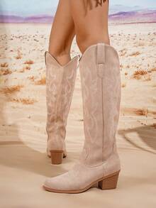 2024春秋新款女士加大码时尚刺绣过膝西部牛仔靴，派对靴 - 杏色 - 查看 4