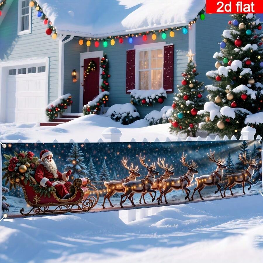 1 buc banner de fundal de Crăciun, banner cu logo pentru curte de Crăciun, fibră de poliester, decorațiuni de sărbători, design cu sanie de Moș Crăciun în formă de pădure, decorațiuni pentru curte exterioară, gard de grădină, articole pentru balcon și petreceri, decorațiuni de Crăciun