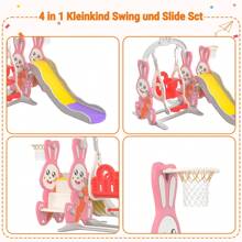 Indoor Slide For Children, 4 In 1 Children's Slide And Swing For 1-3 Years, Rabbit-Shaped, With Basketball Stand, Climbing Ladder, Swing Slide, Slide For Indoors And Outdoors, Pink