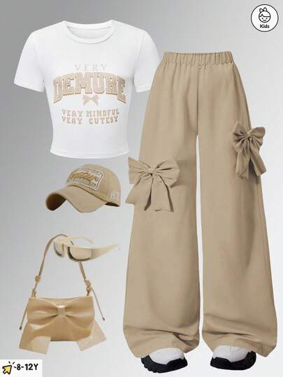 1 Set Sweet Casual 2-Piece Girls Outfit, Including A Simple Letter & Bow Decor Short Sleeve Top And Khaki Bow Wide Leg Pants, Suitable For Vacation, Valentine's Day, Spring, Autumn, Summer, Party, School And Daily Wear