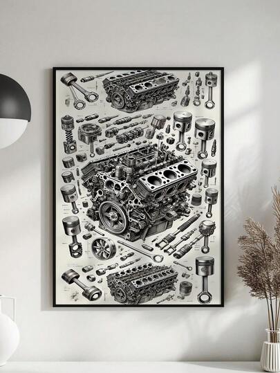1 pieza Arte en lienzo con vista explosionada del motor V8 vintage, decoración de pared automotriz, decoración de habitación estética, obra de arte para sala de estar, ilustraciones mecánicas, obras de arte de pared, pinturas, carteles, para el hogar, garaje, oficina, taller - Ilustración detallada en monocromo de las piezas, marco opcional