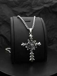 1pc European & American Classic Versatile Fashion Hip-Hop Rose Cross Gothic Style Pendant Necklace, Long Personalized Design For Men - Cross - View 1