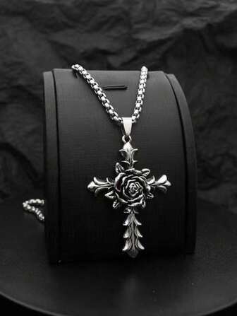1 件欧美经典百搭时尚嘻哈玫瑰十字架哥特式吊坠项链，长款个性化设计，适合男士
