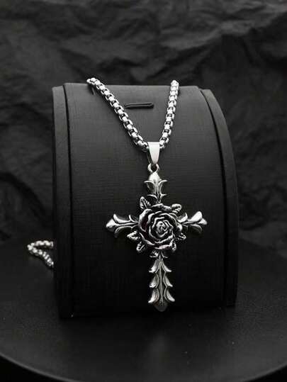 1 件欧美经典百搭时尚嘻哈玫瑰十字架哥特式吊坠项链，长款个性化设计，适合男士