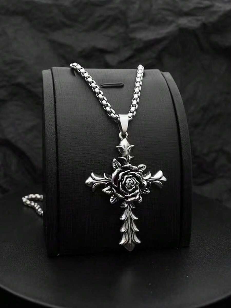 1pc European & American Classic Versatile Fashion Hip-Hop Rose Cross Gothic Style Pendant Necklace, Long Personalized Design For Men - Cross - View 1