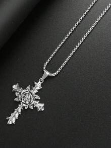 1pc European & American Classic Versatile Fashion Hip-Hop Rose Cross Gothic Style Pendant Necklace, Long Personalized Design For Men - Cross - View 3