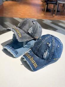 Back-To-School Season Star Same Style Fashion Retro Broken Hole Cool Embroidery Letter Baseball Cap Big Head Circumference American Cap Young Couple Fashion Street Curved Brim Hat Blocking Ultraviolet Sunshade Hat Outdoor Sports Wear Retro European And American Style Unisex Couple Baseball Cap