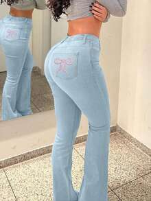Y2K Women's Long Flare Leg Denim Jeans With Cute Bow Accent Casual Plain High Stretch Fit With Button Zipper Pockets - 淺色水洗藍 - 查看 6