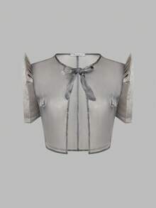 Amyenjoylife 菲律宾女装，现代优雅菲律宾复古风格泡泡袖圆领系带衬衫，春夏 - 深灰色 - 查看 1