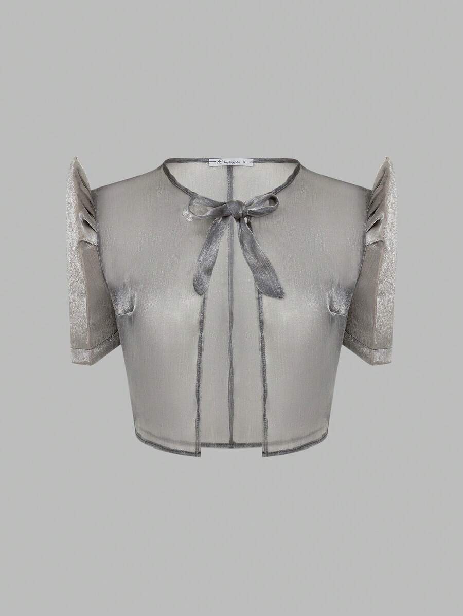 Amyenjoylife 菲律宾女装，现代优雅菲律宾复古风格泡泡袖圆领系带衬衫，春夏 - 深灰色 - 查看 1