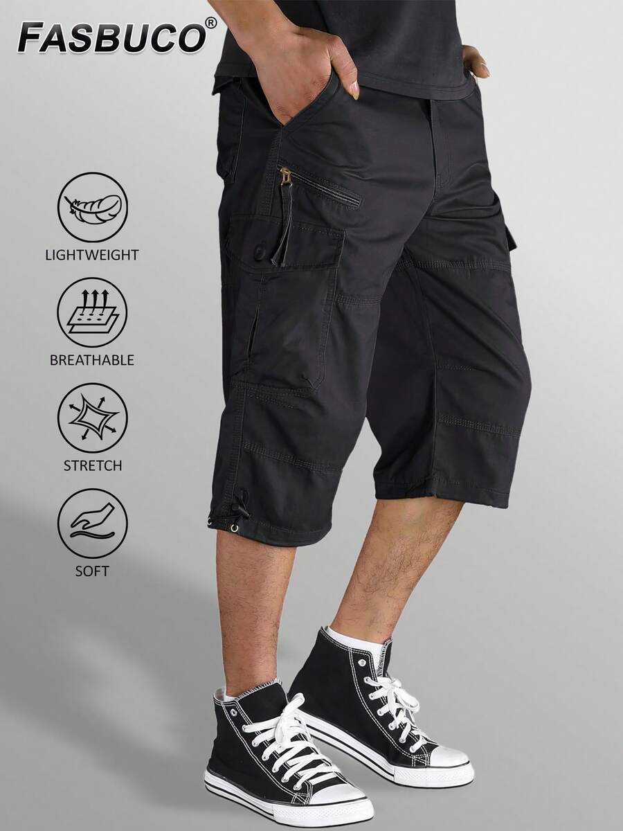 KEFITEVD Men's 3/4 Length Cargo Work Pants Cotton Twill Outdoor Hiking Shorts Ripstop Pants - màu đen - Xem 1