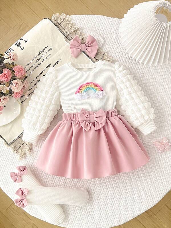 Girls' Bowknot With Puff Sleeve Romper - Loose Round Neck Pullover Outfit With Headband + Socks, Soft Pink Cute Winter Look, Suitable For Holiday & Birthday Photo Shoot