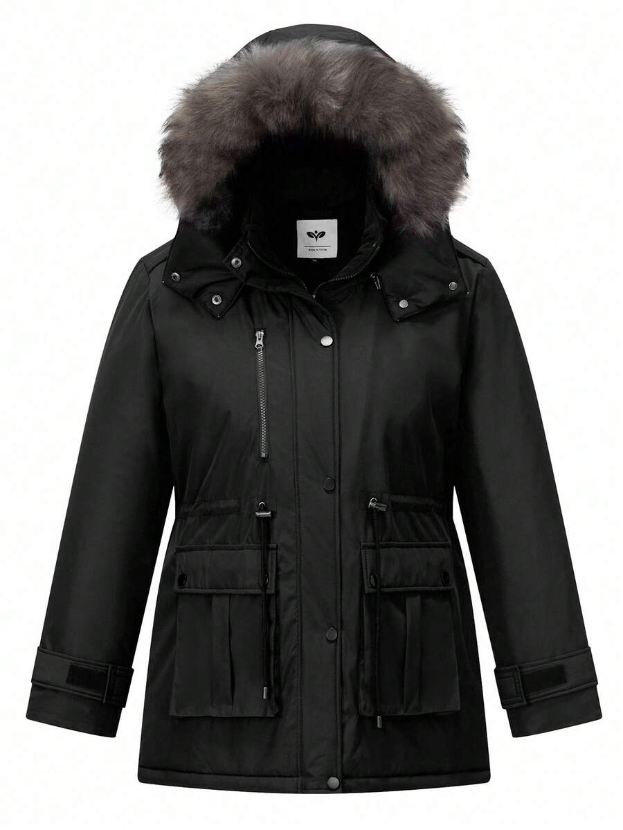 Manteau parka à capuche épais doublé thermique pour femmes grande taille, veste d'hiver pour l'extérieur - Noir - Voir 1