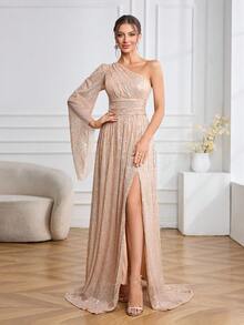 Elegantes einfarbiges sexy Rüschen Reißverschluss Hoch Schlitz Party Kleid, geeignet für Nachtausgehen, Hochzeit, Geburtstag, Jubiläum, Abschluss, Abschlussball
