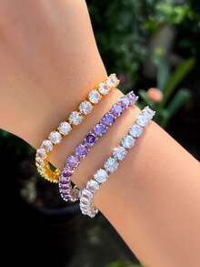 1pc 6mm Round Cubic Zirconia Purple Pink Classic Tennis Chain Bracelet For Women, Engagement, Wedding, Pageant, Bridal Party Jewelry Gift - Luxury Design - View 3