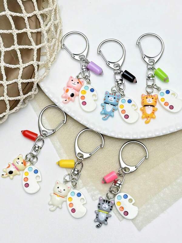 1pc/3/5pcs Cute Cartoon Cat Painting Palette Keychain, Colorful Resin Cat Shaped Paintbrush Keychain Pendant, Ideal Gift For Family, Kids, Best Friends On Valentine's Day, Birthday