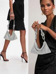 Lightweight, Business Casual Rhinestone Decor Bucket Bag Mini Drawstring Design, Clear Bag Faux Pearl Bag Evening Bag, Dinner Bag Glamorous, Elegant, Exquisite, Quiet Luxury Rhinestone For Party Girl, Woman, Bride Perfect For Party, Dinner/Banquet Christmas Party Dress, Perfectly Matching With Bridal Party, Best Choice Elegant Bag For Bridal Shower,Rhinestone Purse Sparkly Evening Bag Silver Clutch Purses For Women Evening, Cross Body Handbags For Party Prom Club Wedding - 彩色 - 查看 2